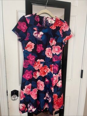 Eliza J super flattering Floral Navy and Pink Fit-&-Flare Dress